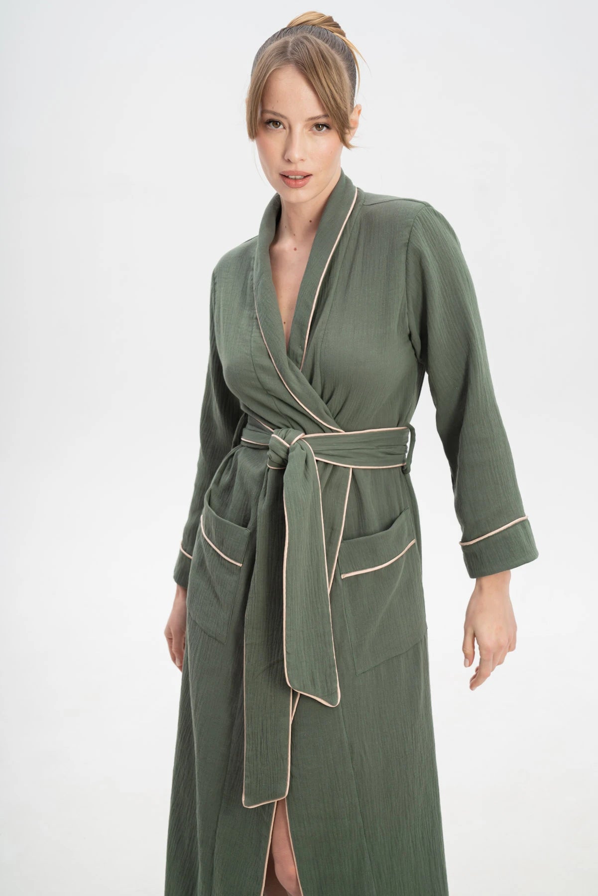 Muslin Long Robe with Piping.