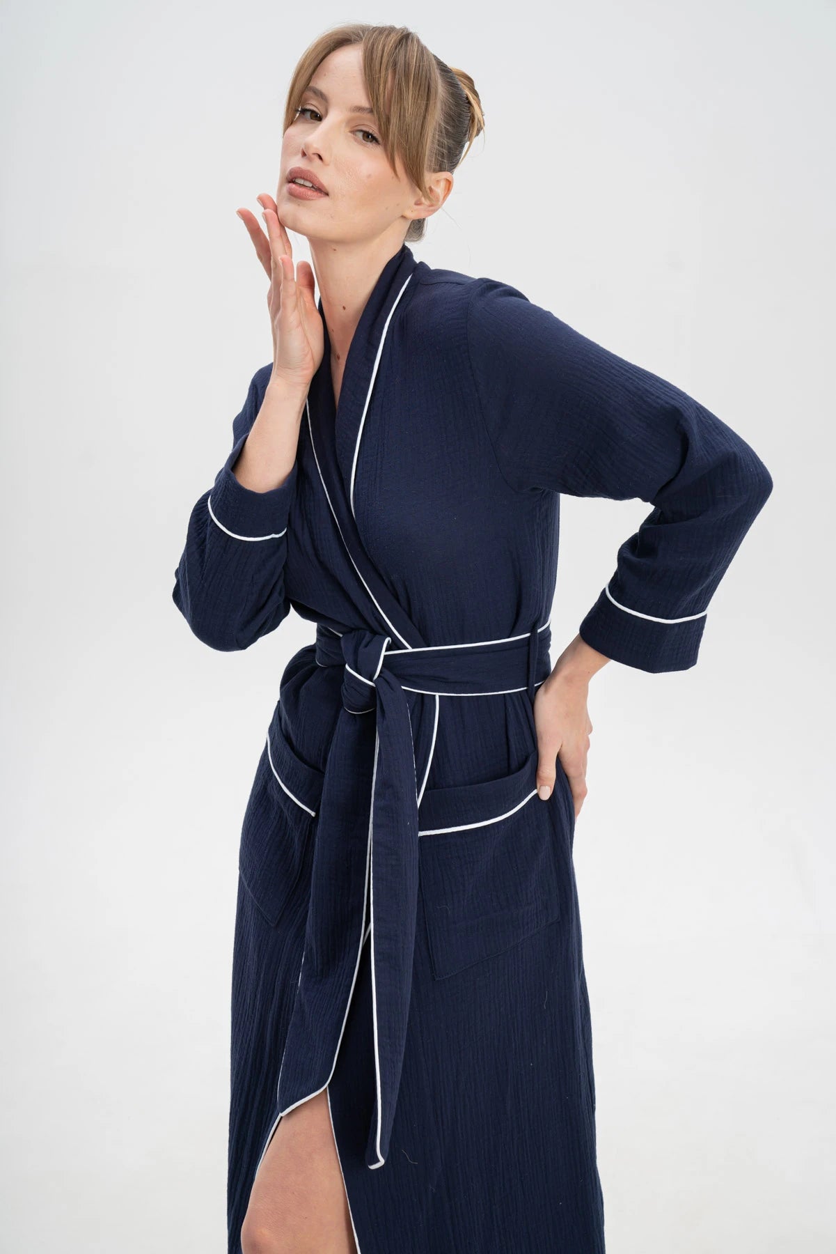 Muslin Long Robe with Piping.
