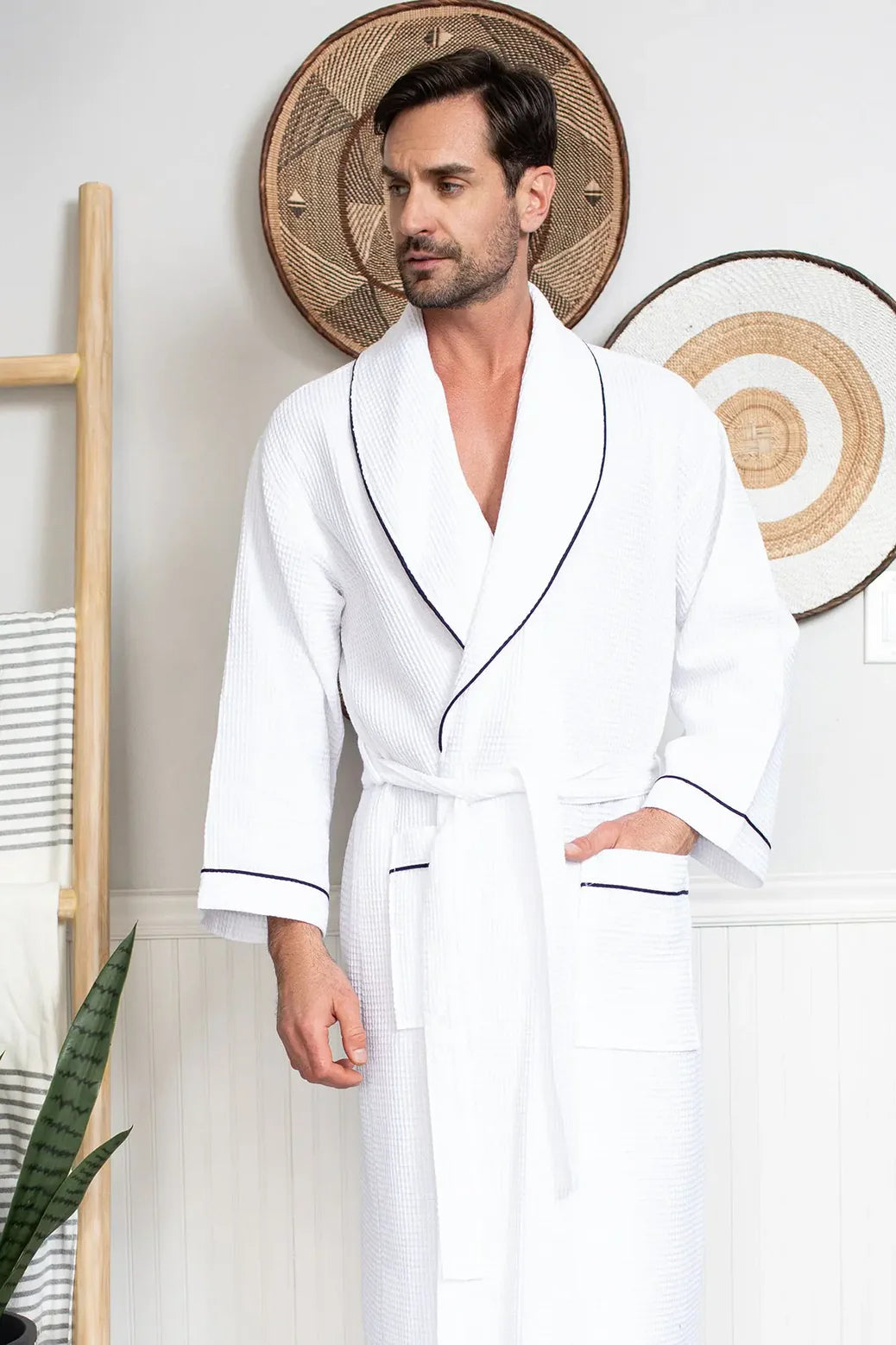 Full Sleeve Cotton Waffle Bathrobe with Piping.