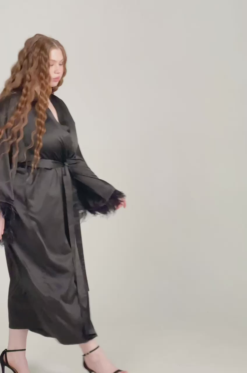 Long Silky Satin Feather Dressing Gown.