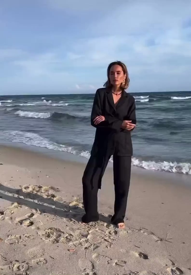 Relaxed Shirt and Pajama Set with belt in Black Linen.
