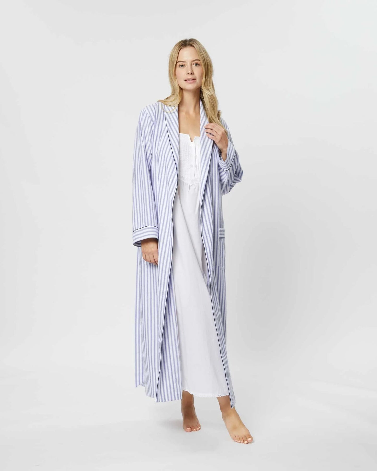 Sky Blue Stripe 100% Cotton Robe (Long) - Bella Babe by SK