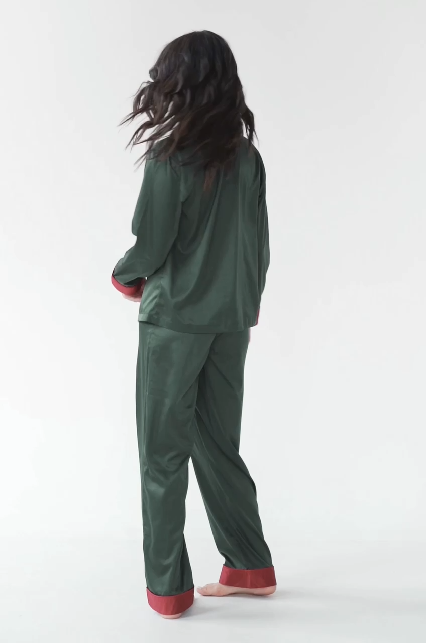 Satin Pajama Set with Contrast Piping.