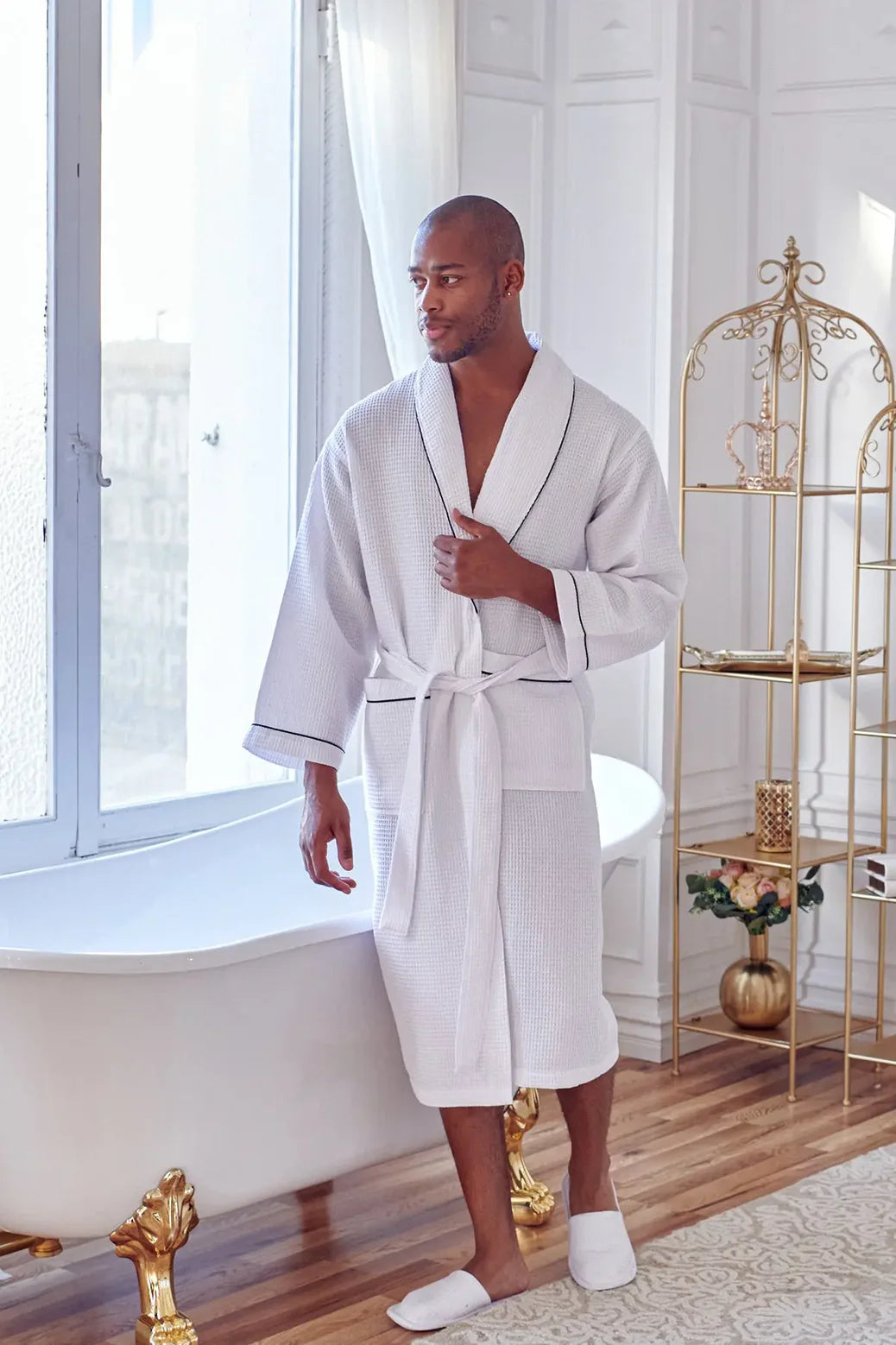 Full Sleeve Cotton Waffle Bathrobe with Piping.
