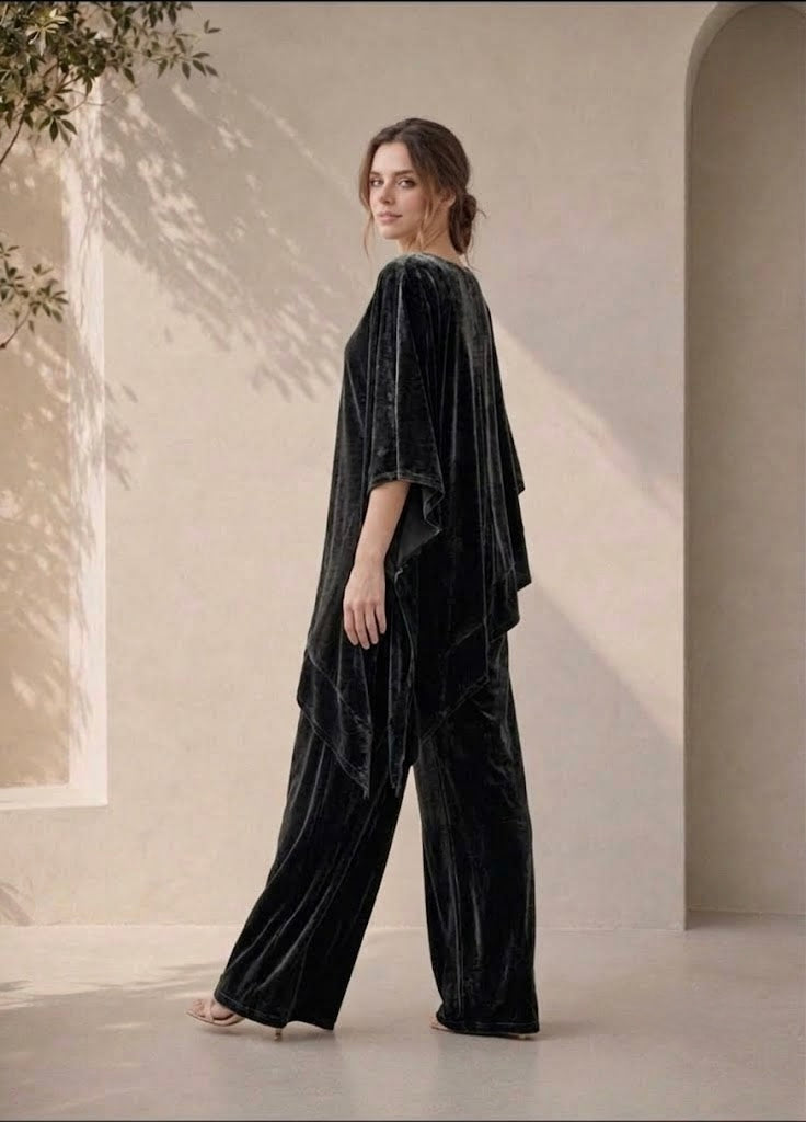 Italian Velvet Co-ord Set for Women: Asymmetric Top & Wide Leg Pants