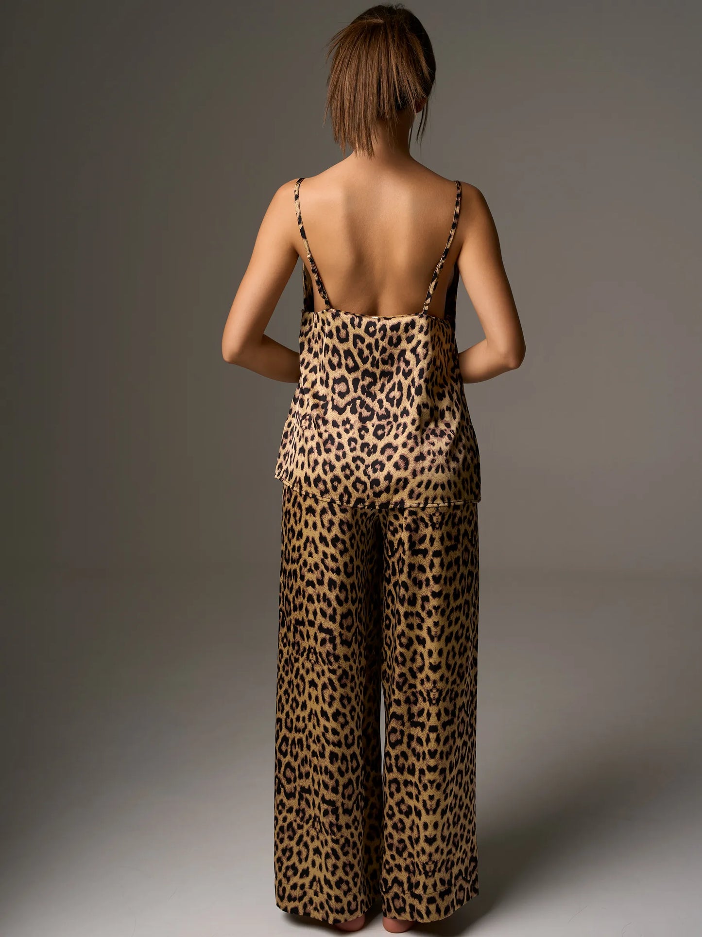 Leopard Print Satin Camisole & Wide Leg Pants Set | Tie-Front Wrap Top Co-ord | Sexy Satin Lounge Set for Women