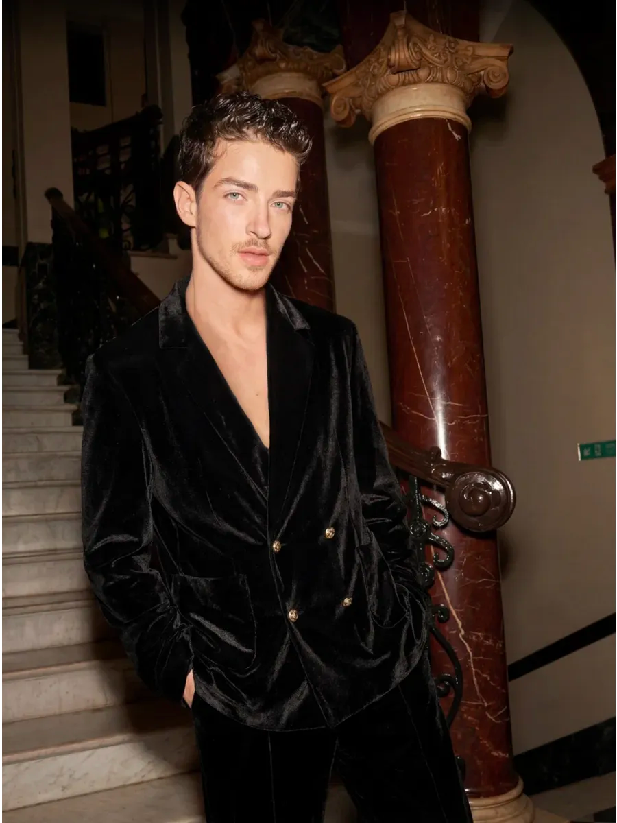 Noir Velvet Double-Breasted Co-ord Set | Men's Luxury Velvet Blazer & Wide-Leg Pajama Set