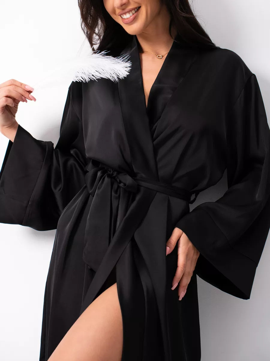 Long Satin Robe in Black