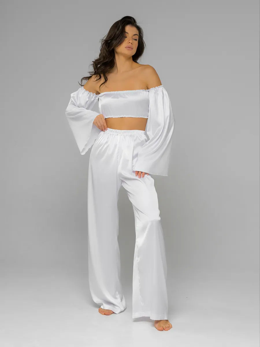 Angel Sleeve Satin Co-ord Set | Off-Shoulder Crop Top & Wide Leg Pants | Leopard, Pink, White & Black