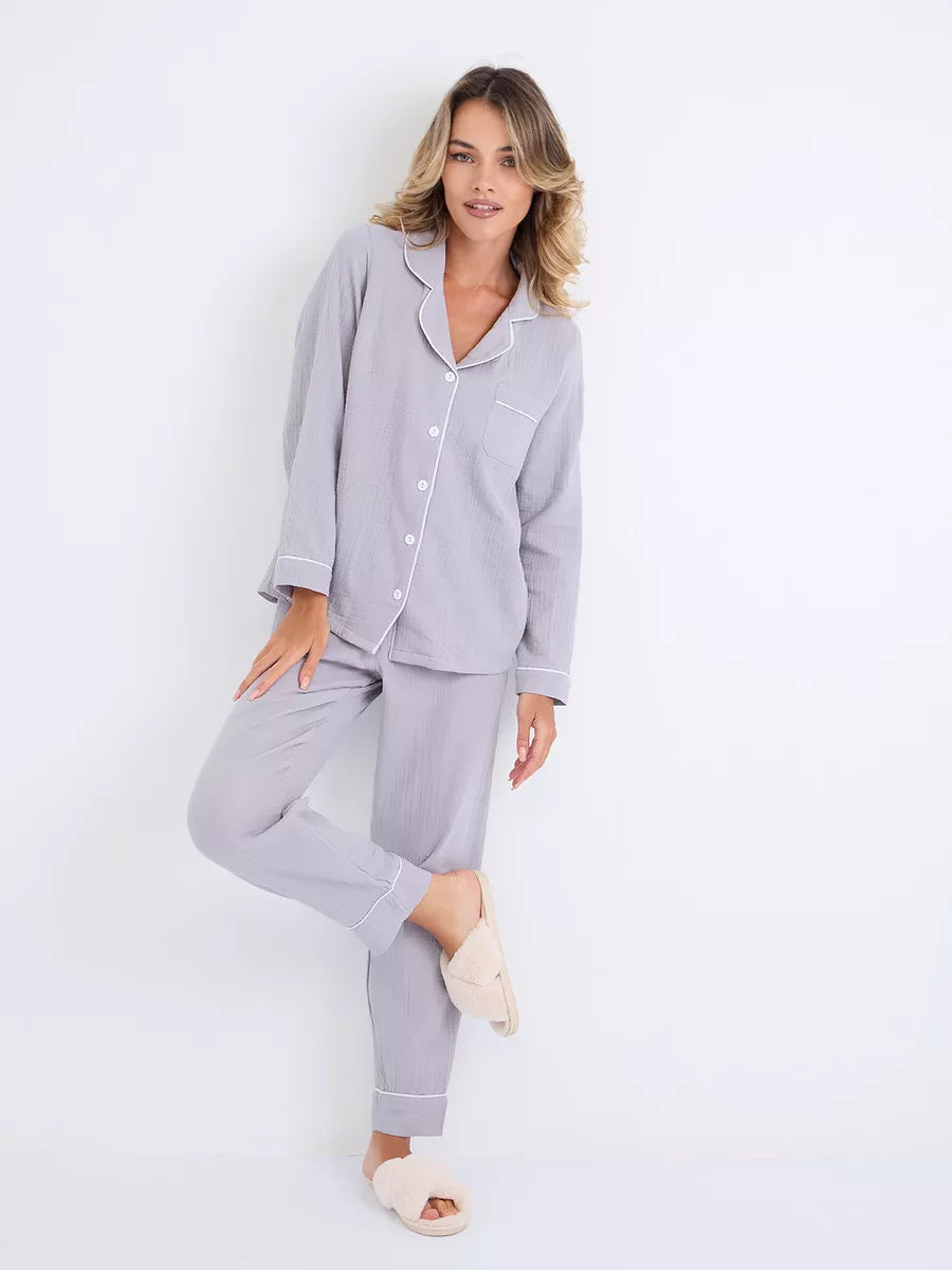 Loungewear Set Light Grey Textured Cotton - Bella Babe by SK Nightsuit-Nightdress-Robes-Silk-Satin-Nighty-Gown-Nightwear-Shorts-Pajamas-Nightsuit-for-women-men-bathrobe-Satin-dress-cotton- 