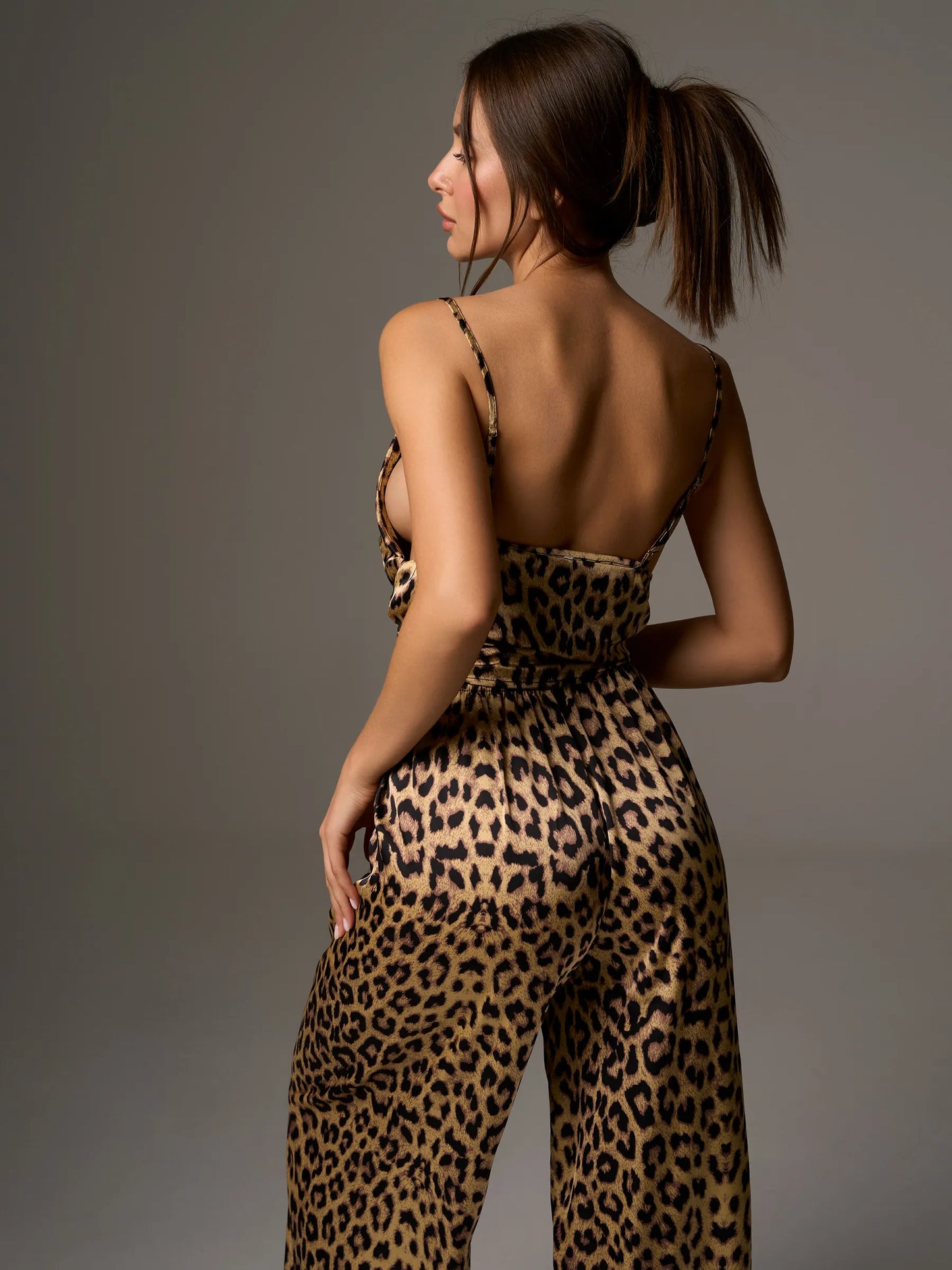 Leopard Print Satin Camisole & Wide Leg Pants Set | Tie-Front Wrap Top Co-ord | Sexy Satin Lounge Set for Women