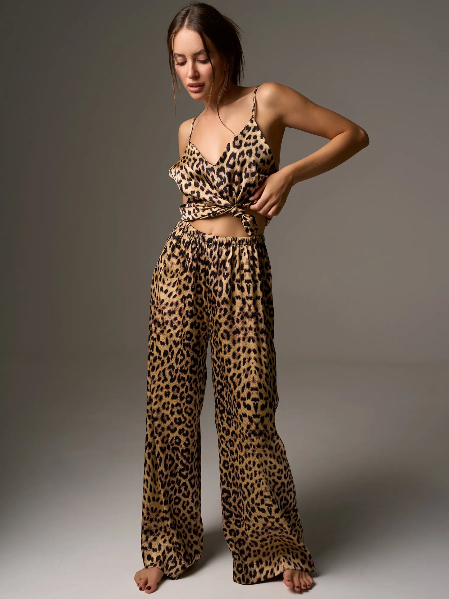 Leopard Print Satin Camisole & Wide Leg Pants Set | Tie-Front Wrap Top Co-ord | Sexy Satin Lounge Set for Women