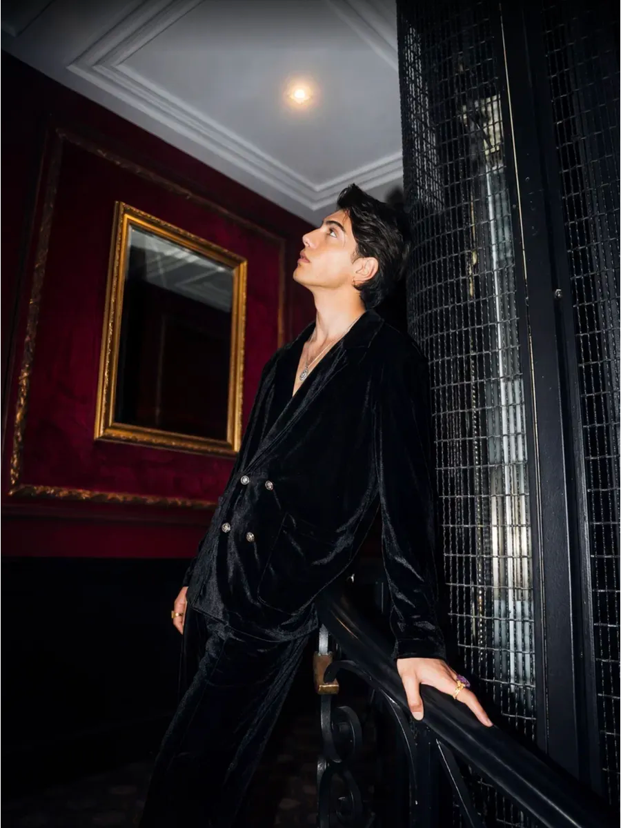 Noir Velvet Double-Breasted Co-ord Set | Men's Luxury Velvet Blazer & Wide-Leg Pajama Set