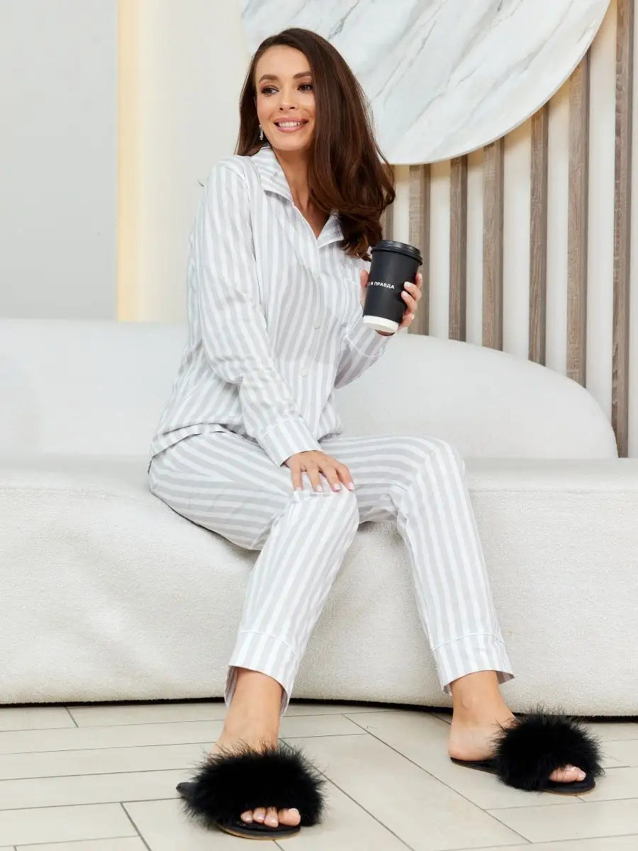 Loungewear Set Full Sleeve Grey Stripe 100% Cotton - Bella Babe by SK Nightsuit-Nightdress-Robes-Silk-Satin-Nighty-Gown-Nightwear-Shorts-Pajamas-Nightsuit-for-women-men-bathrobe-Satin-dress-cotton- 