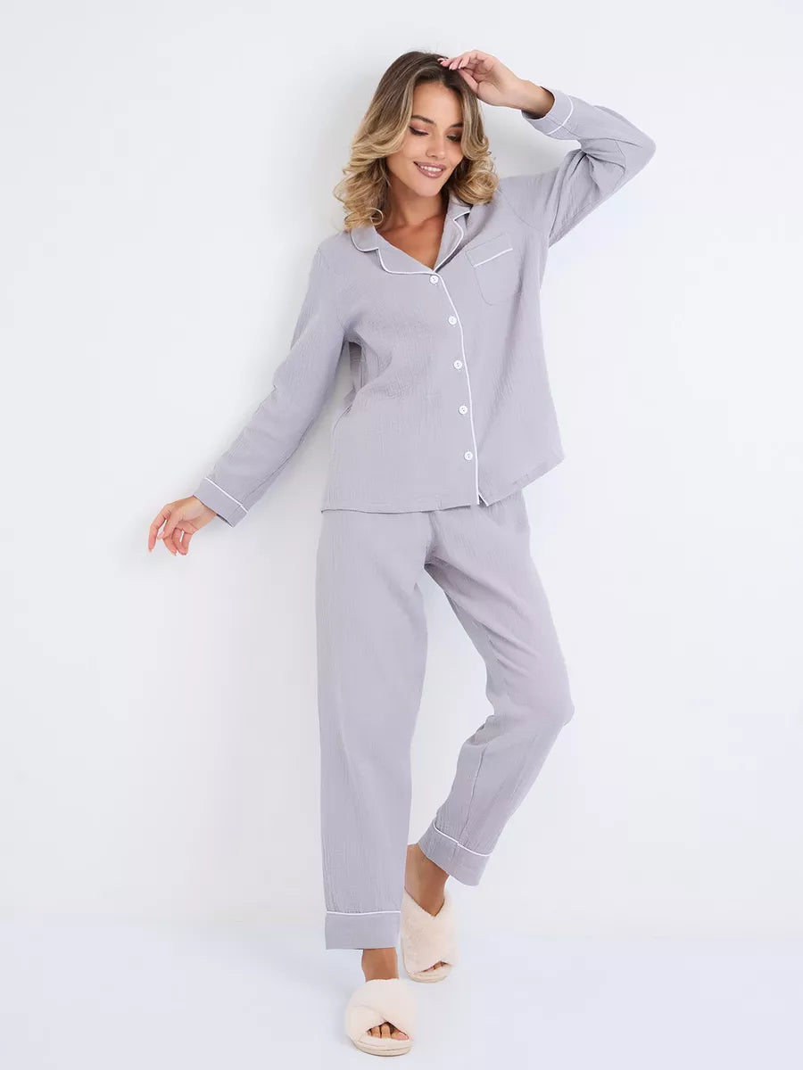 Loungewear Set Light Grey Textured Cotton - Bella Babe by SK Nightsuit-Nightdress-Robes-Silk-Satin-Nighty-Gown-Nightwear-Shorts-Pajamas-Nightsuit-for-women-men-bathrobe-Satin-dress-cotton- 