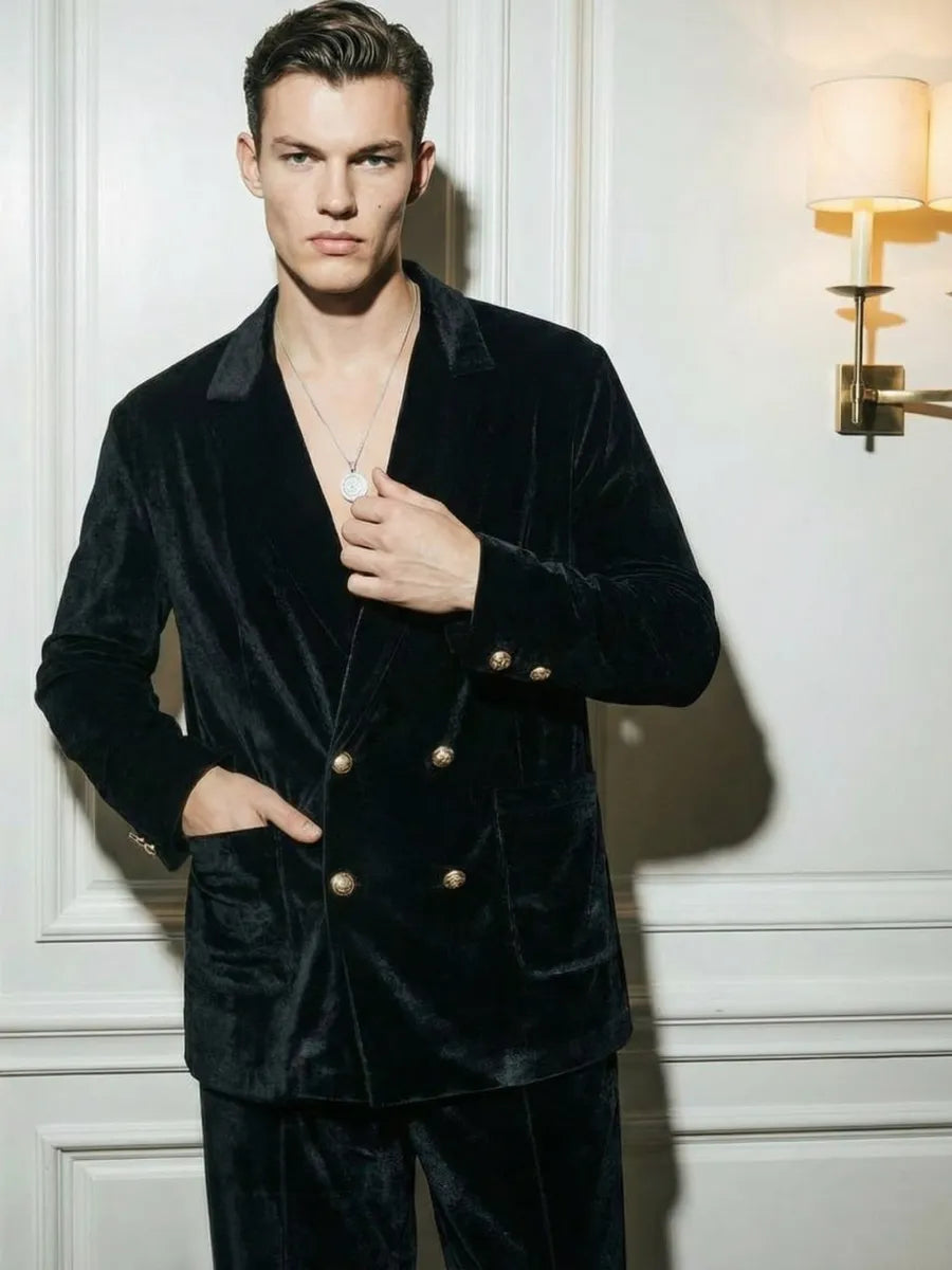 Noir Velvet Double-Breasted Co-ord Set | Men's Luxury Velvet Blazer & Wide-Leg Pajama Set