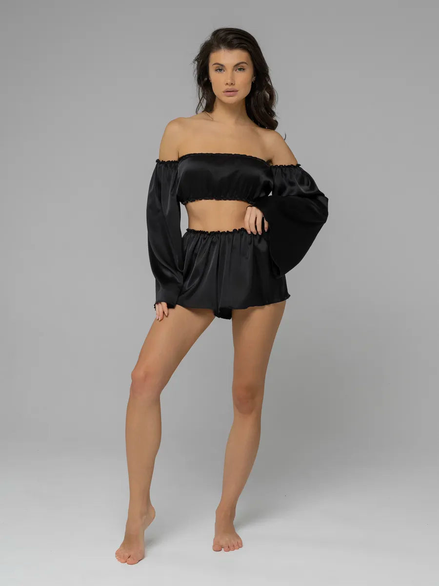 Angel Sleeve Satin Co-ord Set | Off-Shoulder Crop Top & Flowy Shorts | Black & White Party Set for Women
