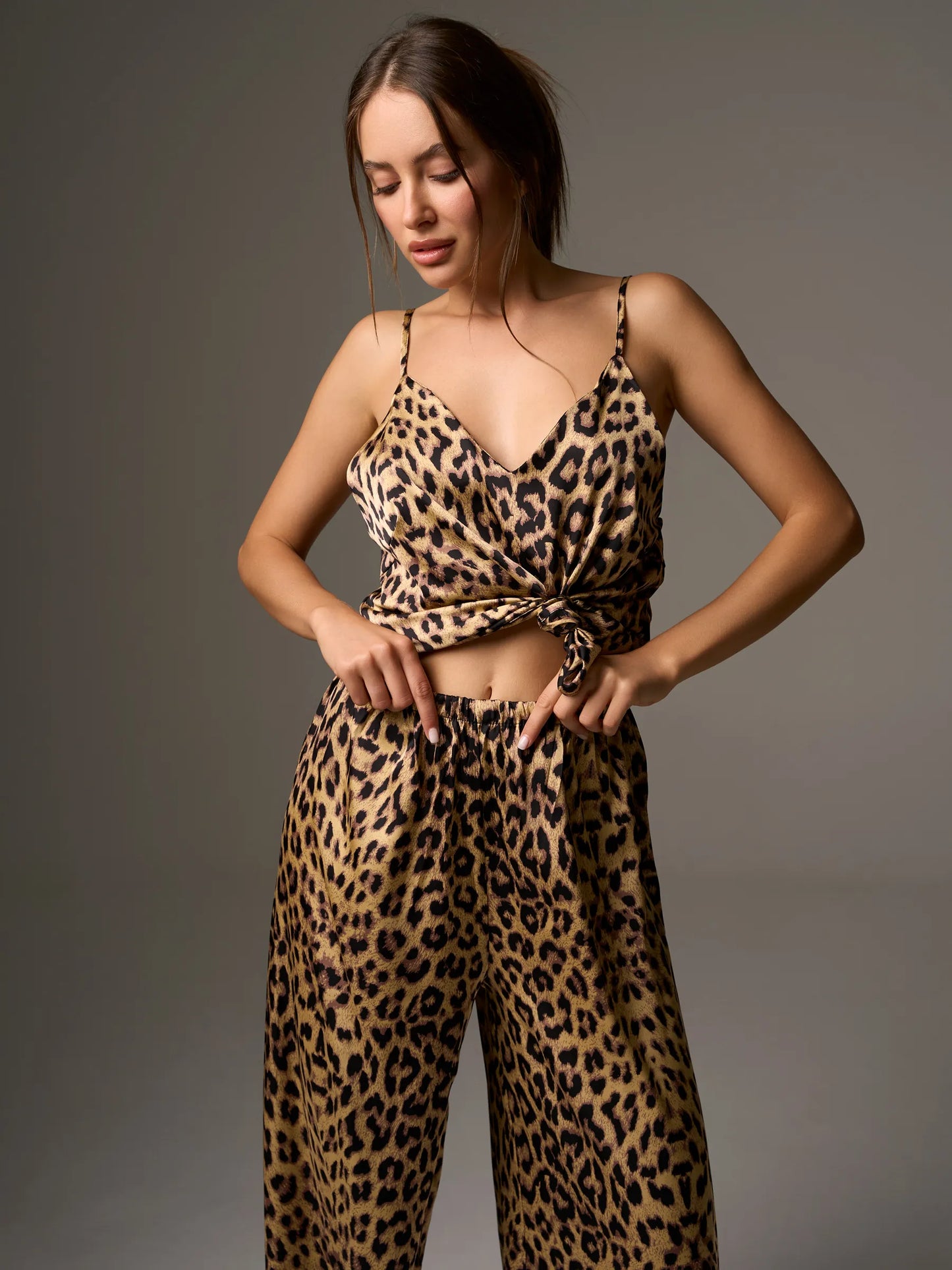 Leopard Print Satin Camisole & Wide Leg Pants Set | Tie-Front Wrap Top Co-ord | Sexy Satin Lounge Set for Women