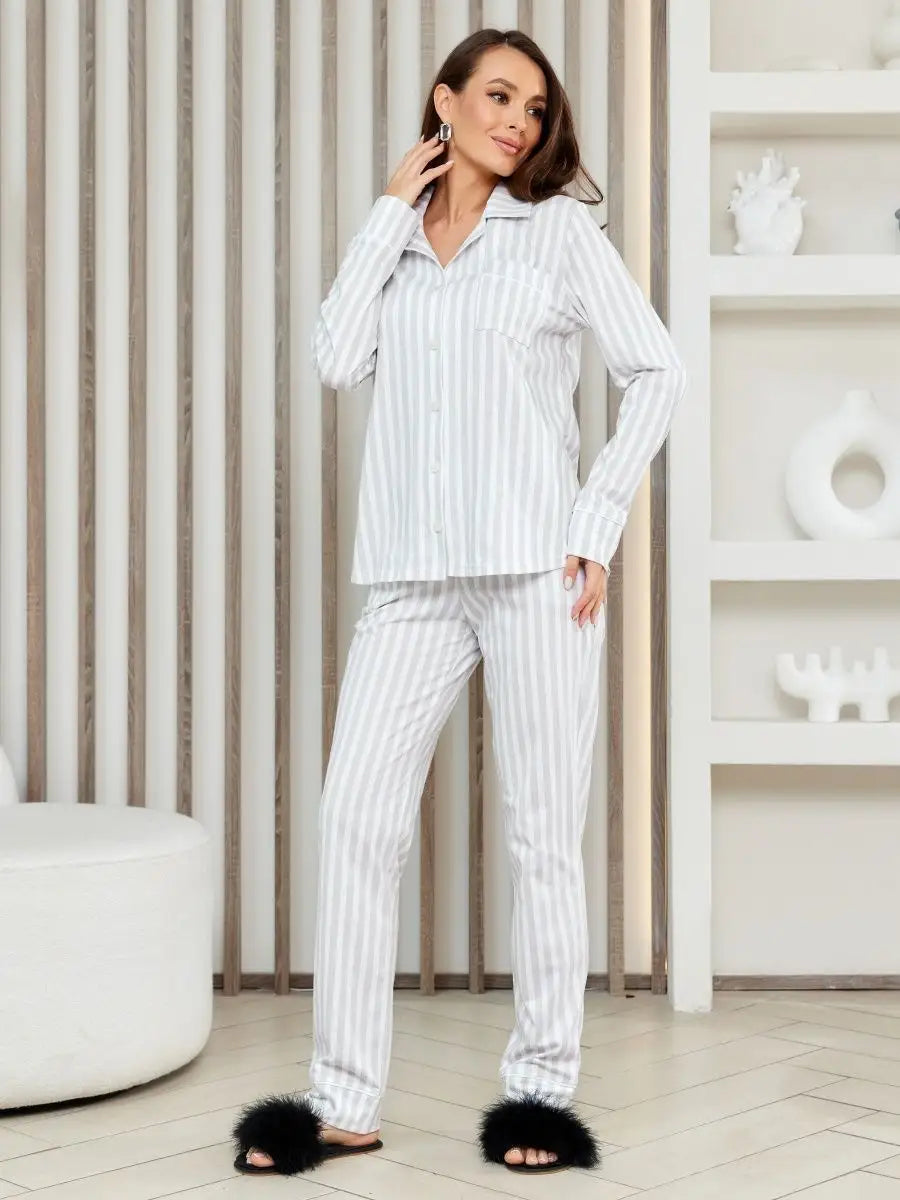 Loungewear Set Full Sleeve Grey Stripe 100% Cotton - Bella Babe by SK Nightsuit-Nightdress-Robes-Silk-Satin-Nighty-Gown-Nightwear-Shorts-Pajamas-Nightsuit-for-women-men-bathrobe-Satin-dress-cotton- 