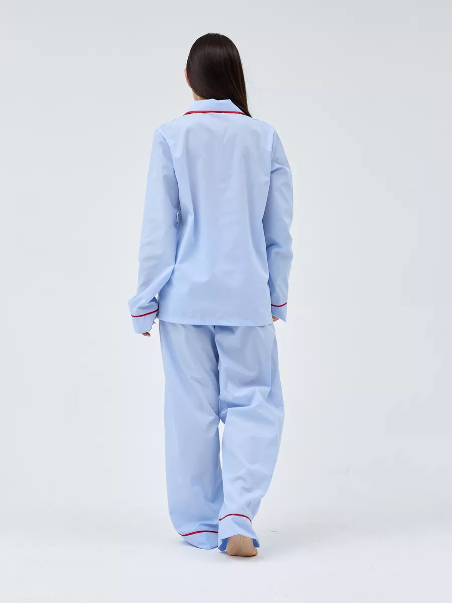 Relaxed Fit Cotton PJs in Blue with Red Piping - Bella Babe by SK Nightsuit-Nightdress-Robes-Silk-Satin-Nighty-Gown-Nightwear-Shorts-Pajamas-Nightsuit-for-women-men-bathrobe-Satin-dress-cotton- 