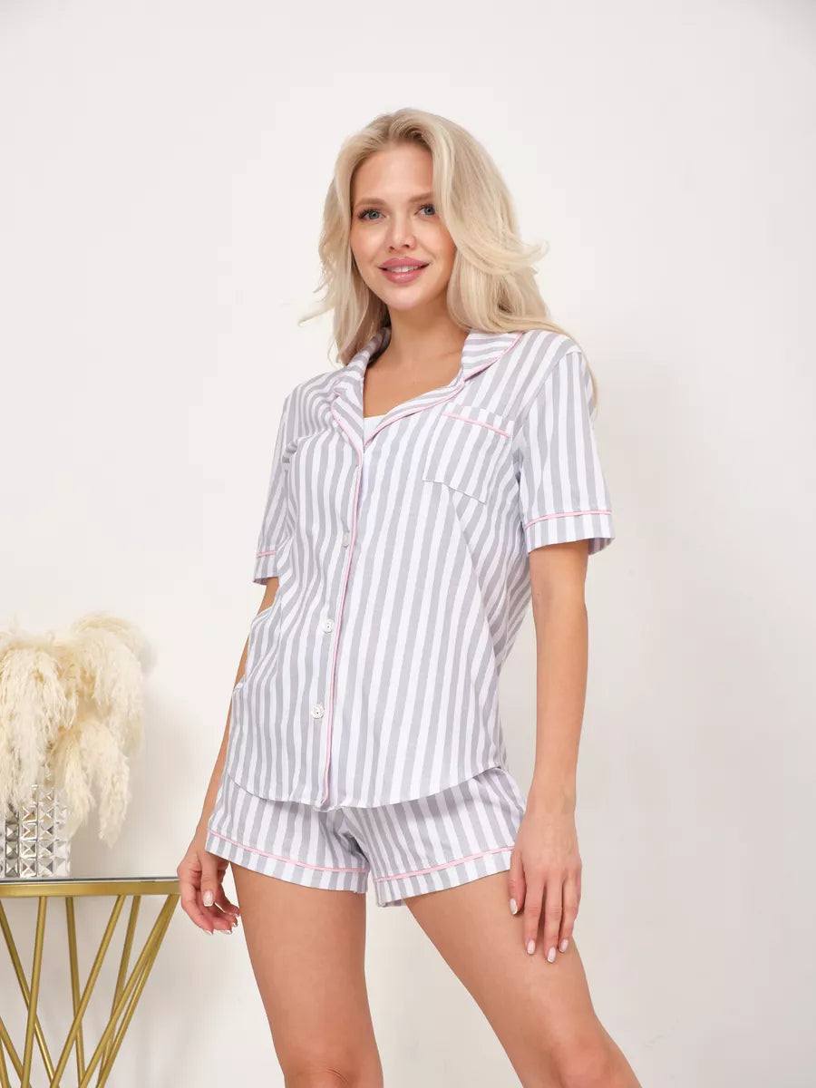 Shorts Set Grey Stripes 100% Cotton - Bella Babe by SK Nightsuit-Nightdress-Robes-Silk-Satin-Nighty-Gown-Nightwear-Shorts-Pajamas-Nightsuit-for-women-men-bathrobe-Satin-dress-cotton- 