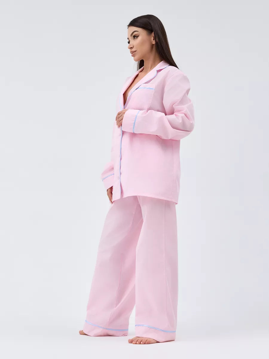 Relaxed Fit Cotton PJs in Pink with Aqua Piping - Bella Babe by SK Nightsuit-Nightdress-Robes-Silk-Satin-Nighty-Gown-Nightwear-Shorts-Pajamas-Nightsuit-for-women-men-bathrobe-Satin-dress-cotton- 