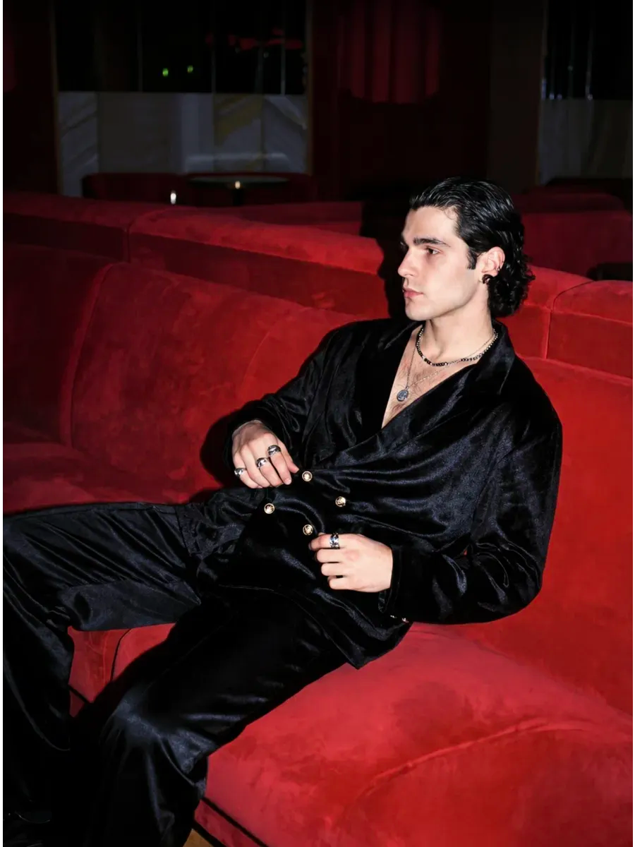 Noir Velvet Double-Breasted Co-ord Set | Men's Luxury Velvet Blazer & Wide-Leg Pajama Set