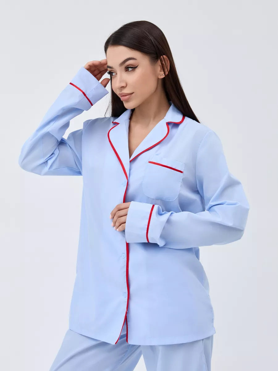 Relaxed Fit Cotton PJs in Blue with Red Piping - Bella Babe by SK Nightsuit-Nightdress-Robes-Silk-Satin-Nighty-Gown-Nightwear-Shorts-Pajamas-Nightsuit-for-women-men-bathrobe-Satin-dress-cotton- 