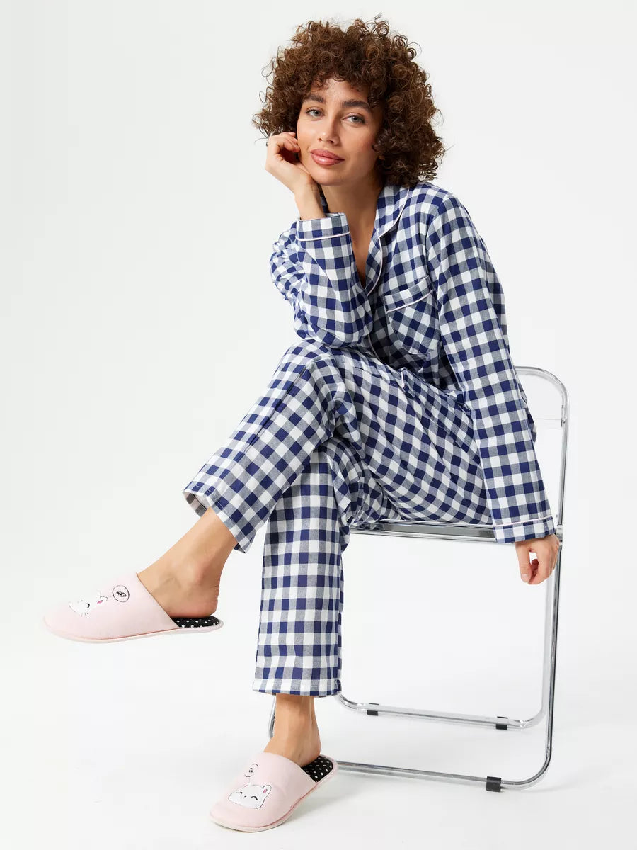 Loungewear Set Blue Checkered 100% Cotton - Bella Babe by SK Nightsuit-Nightdress-Robes-Silk-Satin-Nighty-Gown-Nightwear-Shorts-Pajamas-Nightsuit-for-women-men-bathrobe-Satin-dress-cotton- 