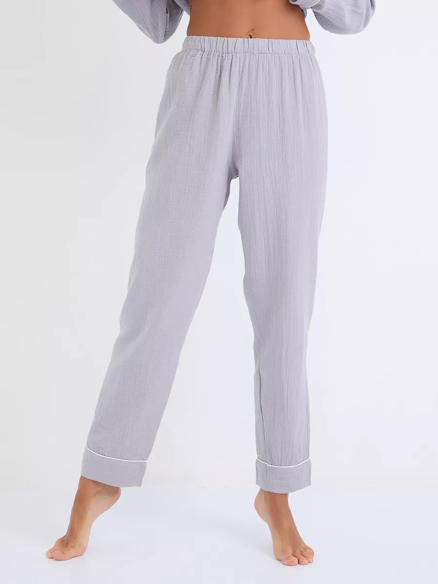 Loungewear Set Light Grey Textured Cotton - Bella Babe by SK Nightsuit-Nightdress-Robes-Silk-Satin-Nighty-Gown-Nightwear-Shorts-Pajamas-Nightsuit-for-women-men-bathrobe-Satin-dress-cotton- 