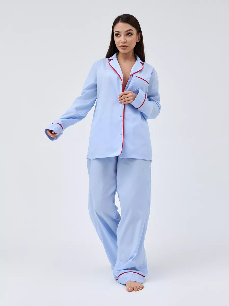 Relaxed Fit Cotton PJs in Blue with Red Piping - Bella Babe by SK Nightsuit-Nightdress-Robes-Silk-Satin-Nighty-Gown-Nightwear-Shorts-Pajamas-Nightsuit-for-women-men-bathrobe-Satin-dress-cotton- 