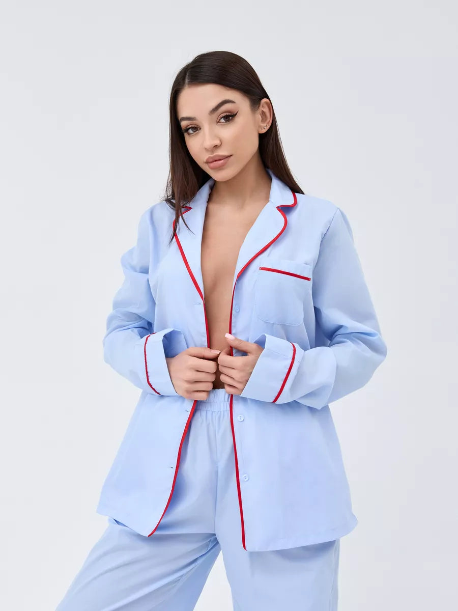 Relaxed Fit Cotton PJs in Blue with Red Piping - Bella Babe by SK Nightsuit-Nightdress-Robes-Silk-Satin-Nighty-Gown-Nightwear-Shorts-Pajamas-Nightsuit-for-women-men-bathrobe-Satin-dress-cotton- 