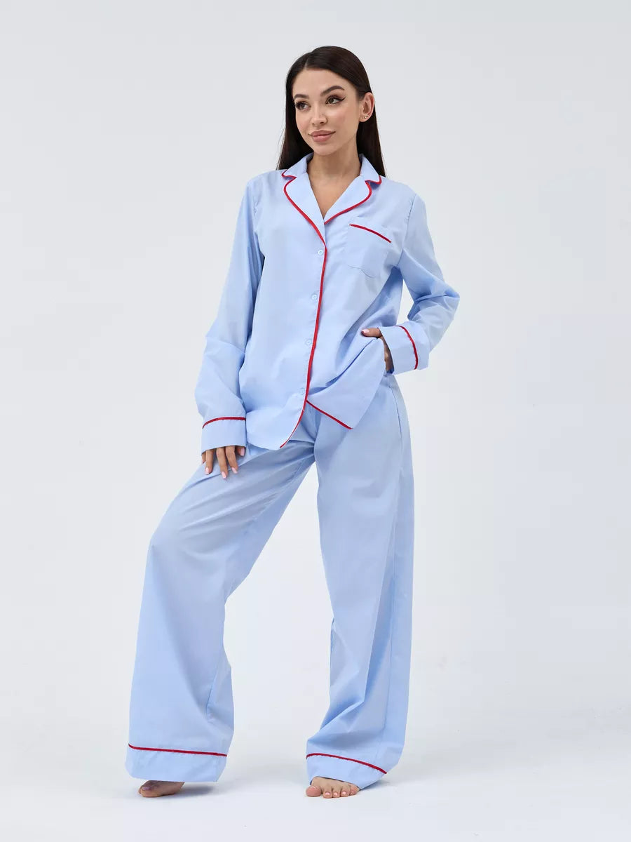 Relaxed Fit Cotton PJs in Blue with Red Piping - Bella Babe by SK Nightsuit-Nightdress-Robes-Silk-Satin-Nighty-Gown-Nightwear-Shorts-Pajamas-Nightsuit-for-women-men-bathrobe-Satin-dress-cotton- 