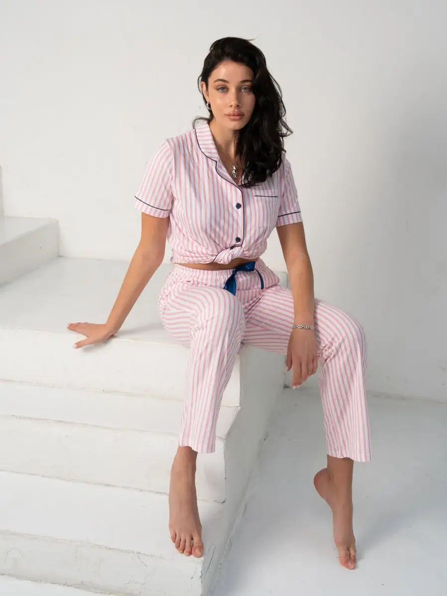 Loungewear Set Pink Stripe Contrast Piping - Bella Babe by SK Nightsuit-Nightdress-Robes-Silk-Satin-Nighty-Gown-Nightwear-Shorts-Pajamas-Nightsuit-for-women-men-bathrobe-Satin-dress-cotton- 