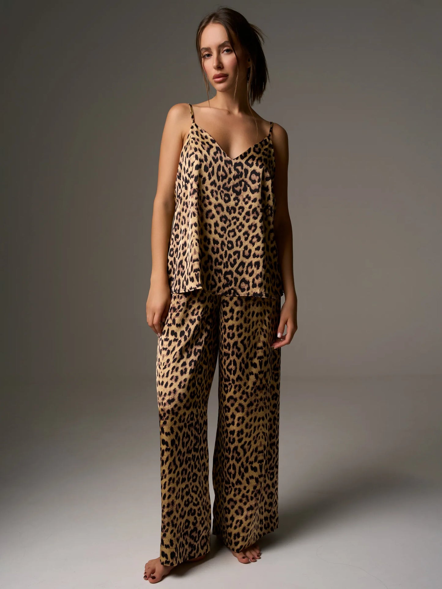 Leopard Print Satin Camisole & Wide Leg Pants Set | Tie-Front Wrap Top Co-ord | Sexy Satin Lounge Set for Women