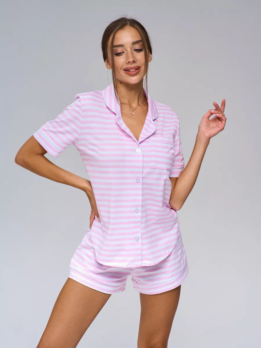 Shorts Set Pink Lateral Stripes 100% Cotton - Bella Babe by SK Nightsuit-Nightdress-Robes-Silk-Satin-Nighty-Gown-Nightwear-Shorts-Pajamas-Nightsuit-for-women-men-bathrobe-Satin-dress-cotton- 