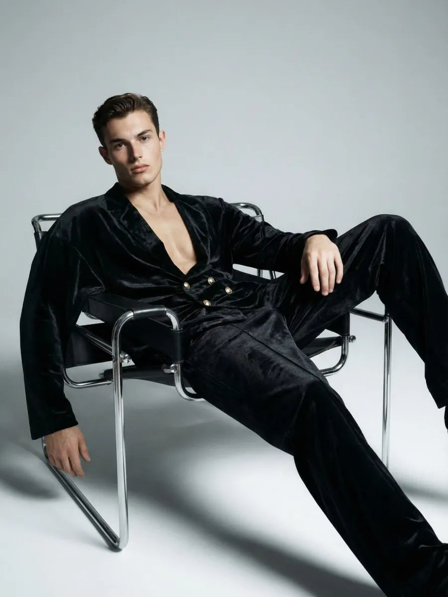 Noir Velvet Double-Breasted Co-ord Set | Men's Luxury Velvet Blazer & Wide-Leg Pajama Set