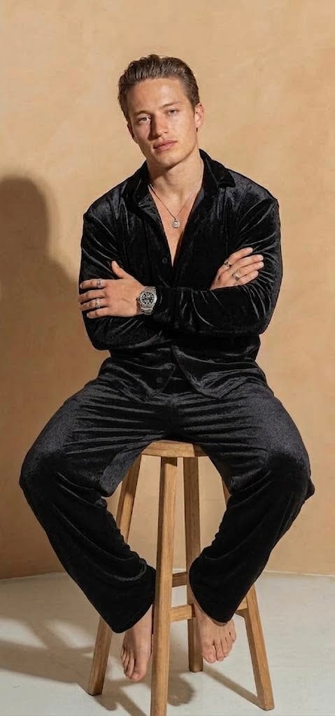 Italian Velvet Shirt & Trousers Co-ord Set for Men, Stretch Party Wear, Black
