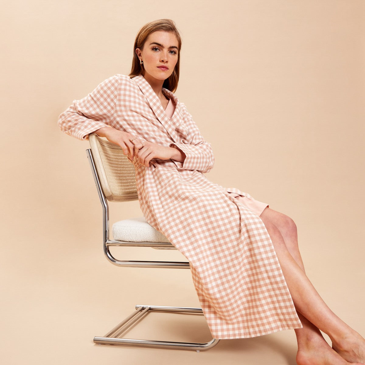 Peach Checkered 100% Cotton Robe - Bella Babe by SK Nightsuit-Nightdress-Robes-Silk-Satin-Nighty-Gown-Nightwear-Shorts-Pajamas-Nightsuit-for-women-men-bathrobe-Satin-dress-cotton- 