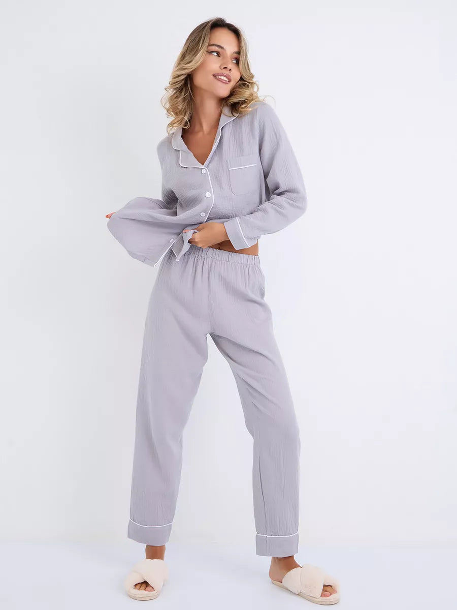 Loungewear Set Light Grey Textured Cotton - Bella Babe by SK Nightsuit-Nightdress-Robes-Silk-Satin-Nighty-Gown-Nightwear-Shorts-Pajamas-Nightsuit-for-women-men-bathrobe-Satin-dress-cotton- 