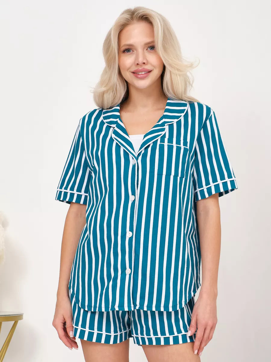 Shorts Set Jade Stripes 100% Cotton - Bella Babe by SK Nightsuit-Nightdress-Robes-Silk-Satin-Nighty-Gown-Nightwear-Shorts-Pajamas-Nightsuit-for-women-men-bathrobe-Satin-dress-cotton- 