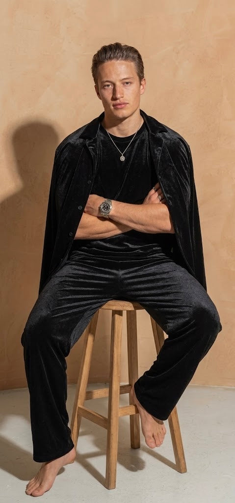 Italian Velvet Shirt & Trousers Co-ord Set for Men, Stretch Party Wear, Black