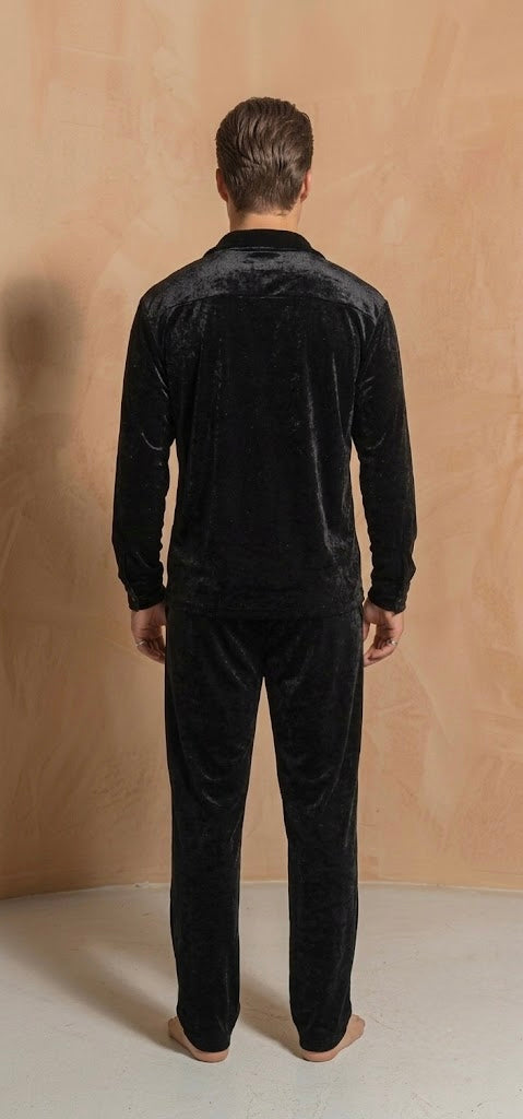 Italian Velvet Shirt & Trousers Co-ord Set for Men, Stretch Party Wear, Black