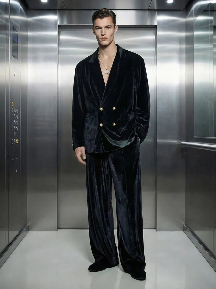 Noir Velvet Double-Breasted Co-ord Set | Men's Luxury Velvet Blazer & Wide-Leg Pajama Set