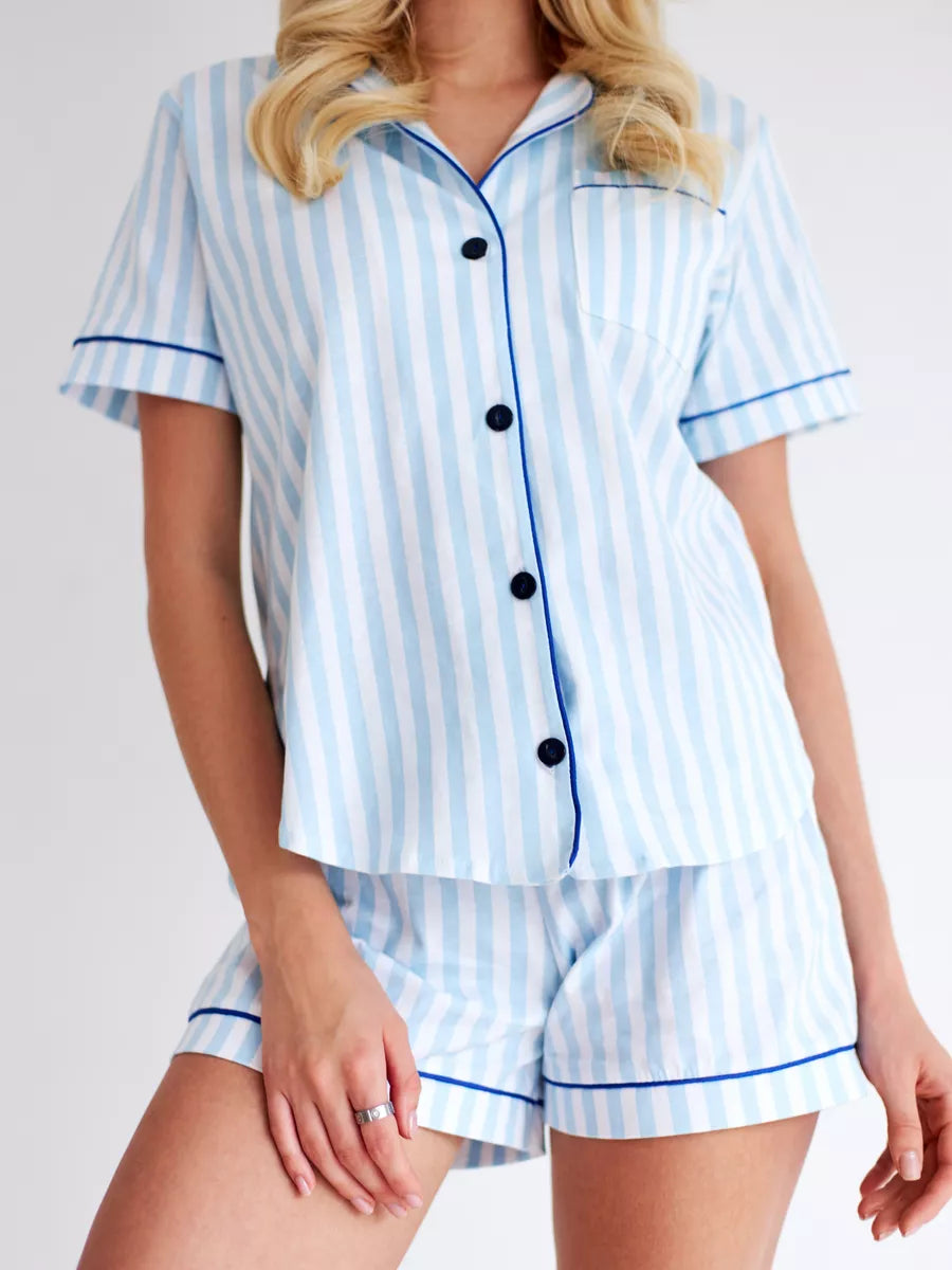 Shorts Set Sky blue with Contrast Piping Stripes - Bella Babe by SK Nightsuit-Nightdress-Robes-Silk-Satin-Nighty-Gown-Nightwear-Shorts-Pajamas-Nightsuit-for-women-men-bathrobe-Satin-dress-cotton- 