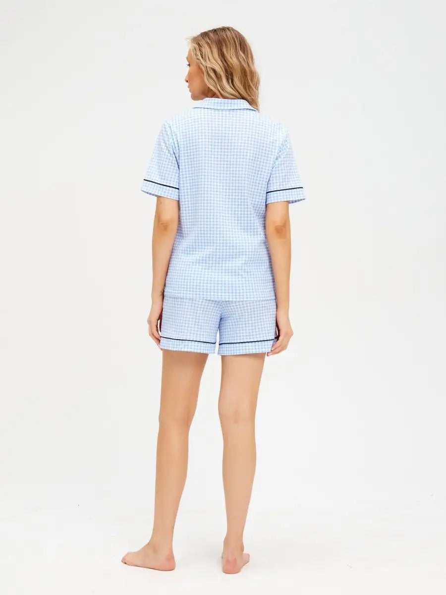 Shorts Set Sky Checkered 100% Cotton - Bella Babe by SK Nightsuit-Nightdress-Robes-Silk-Satin-Nighty-Gown-Nightwear-Shorts-Pajamas-Nightsuit-for-women-men-bathrobe-Satin-dress-cotton- 