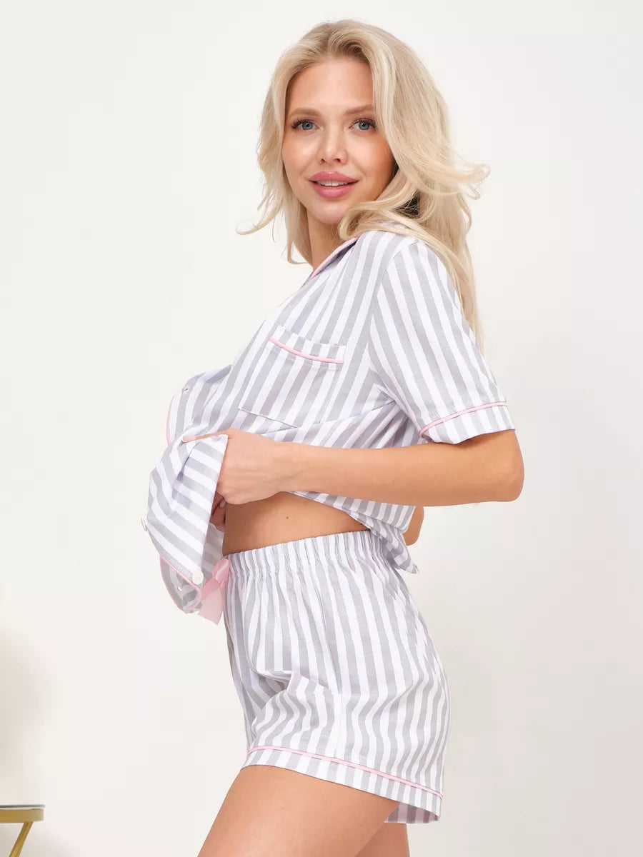 Shorts Set Grey Stripes 100% Cotton - Bella Babe by SK Nightsuit-Nightdress-Robes-Silk-Satin-Nighty-Gown-Nightwear-Shorts-Pajamas-Nightsuit-for-women-men-bathrobe-Satin-dress-cotton- 