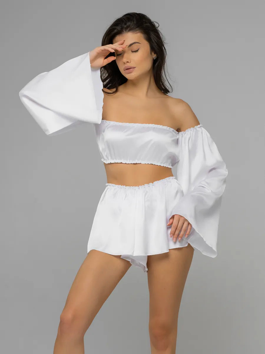 Angel Sleeve Satin Co-ord Set | Off-Shoulder Crop Top & Flowy Shorts | Black & White Party Set for Women