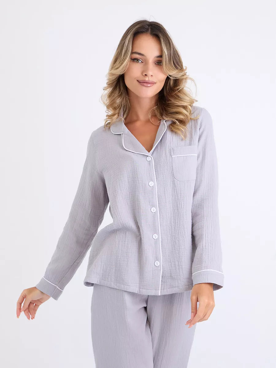 Loungewear Set Light Grey Textured Cotton - Bella Babe by SK Nightsuit-Nightdress-Robes-Silk-Satin-Nighty-Gown-Nightwear-Shorts-Pajamas-Nightsuit-for-women-men-bathrobe-Satin-dress-cotton- 