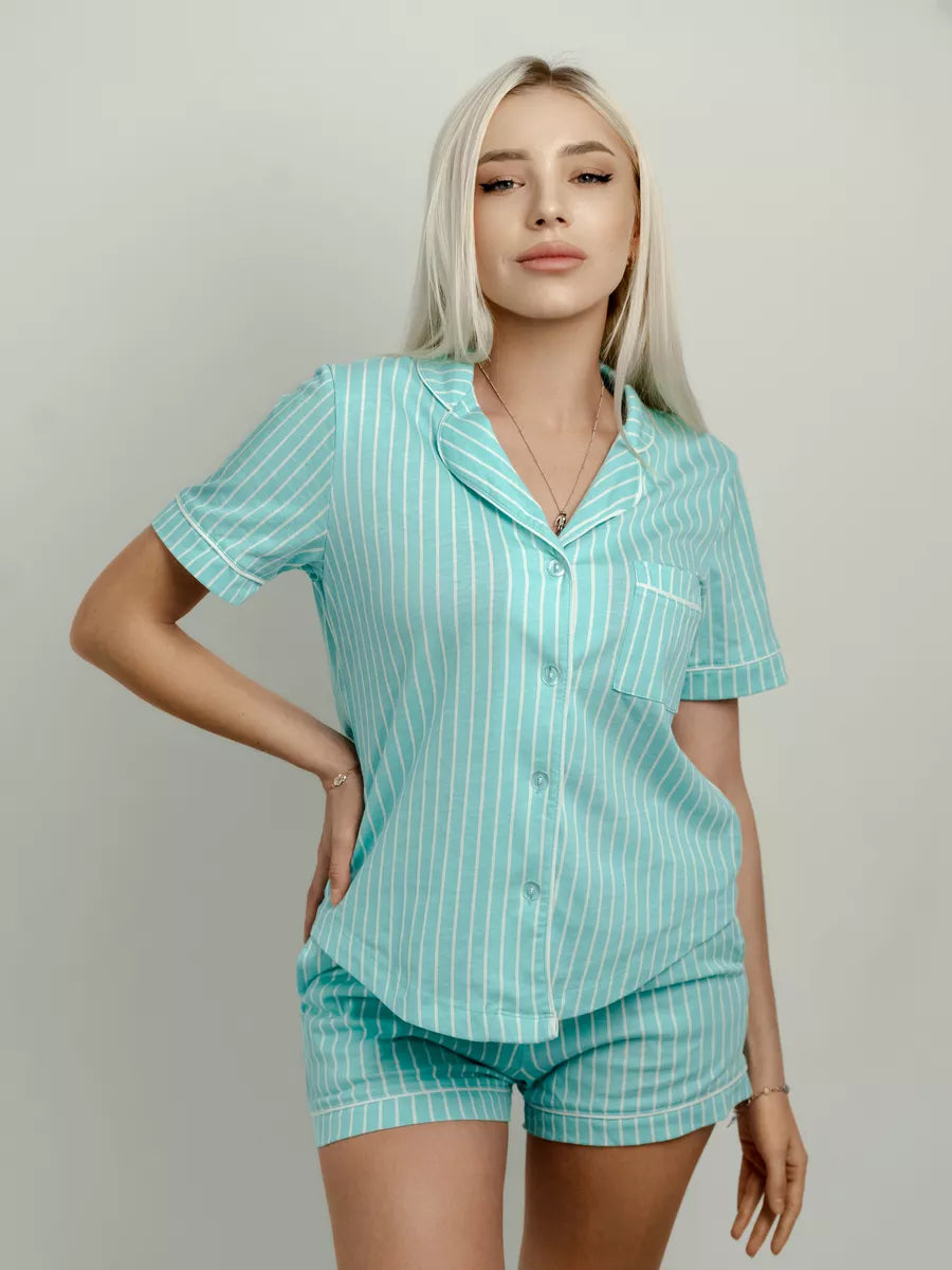 Shorts Set Pale Turquise Stripe 100% Cotton - Bella Babe by SK Nightsuit-Nightdress-Robes-Silk-Satin-Nighty-Gown-Nightwear-Shorts-Pajamas-Nightsuit-for-women-men-bathrobe-Satin-dress-cotton- 